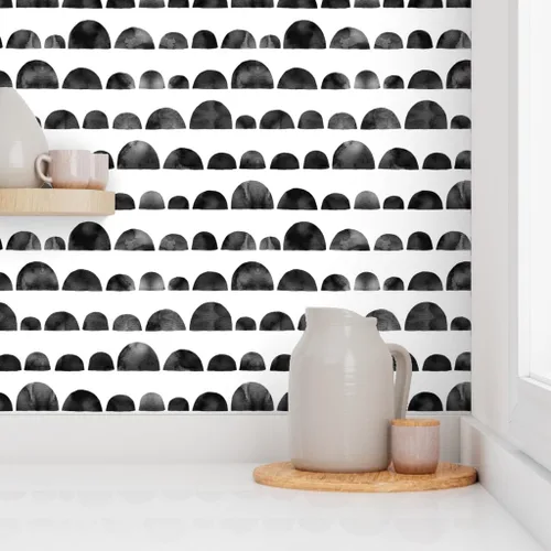 Vista 8 de Spoonflower Circles Black Ink Pre-Pasted Removable Wallpaper Roll 24" x 36" Modern White Scallops Self-adhesive, removable and renter-friendly