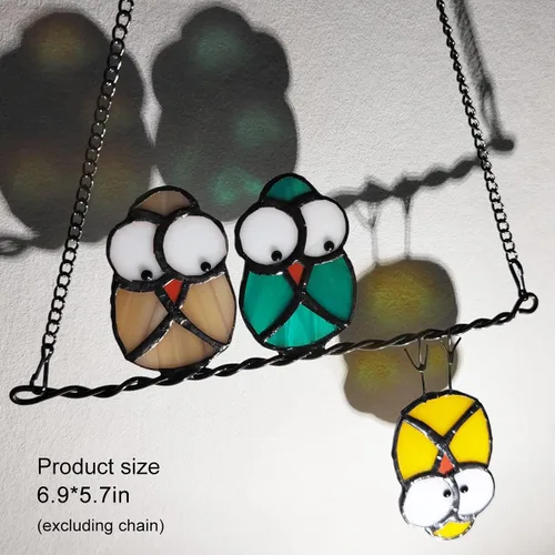 Vista 7 de Panel de Atrapasoles de Vidrio Vitral Multicolor con Búhos en un Alambre, Atrapasueños de Pájaros para Ventanas, Puertas, Habitación, Decoración