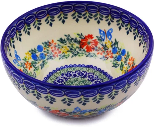 Vista 16 de Auténtico cuenco de cerámica polaca de 6 pulgadas en diseño de aciano azul, hecho a mano en Bolesławiec Polonia por Ceramika Bona + certificado