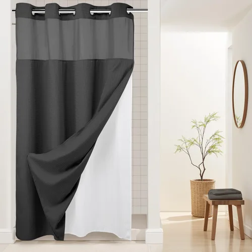 Vista 57 de Cortina de baño River Dream de gran peso sin ganchos necesarios con diseño de gofre punteado y forro a presión - 36W x 74H, de calidad hotelera