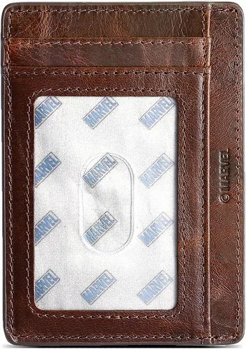 Vista 2 de NARYM Cartera de cuero genuino con personaje del Capitán América, delgada y minimalista de cuero frontal con bloqueo RFID para hombres y mujeres