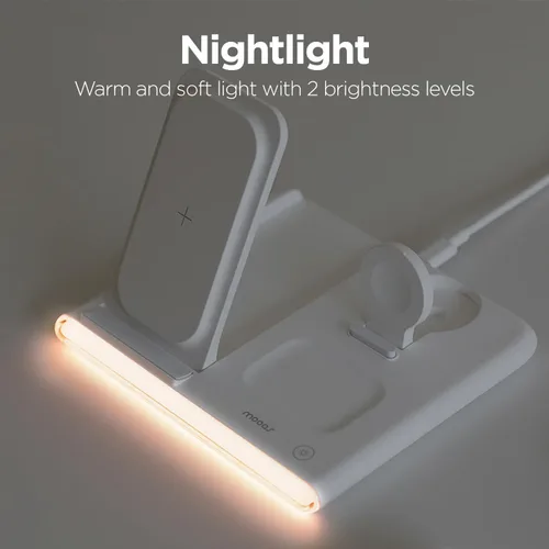 Vista 3 de mooas Flip Square - Cargador inalámbrico 3 en 1 con carga rápida, luz nocturna de 2 colores, compatible con iPhone 13/14/15, Galaxy S22, S23, S24