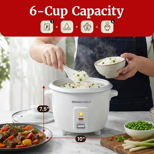 Vista 6 de Elite Gourmet ERC-003X - Arrocera eléctrica con mantenimiento automático del calor, hace sopas, guisos, granos, cereales calientes, 6 tazas cocidas