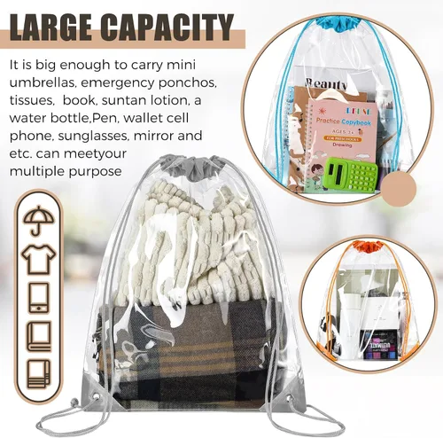 Vista 4 de 50 bolsas transparentes con cordón, bolsas de PVC deportivas, a granel, transparente, para estadio, impermeable, mochila transparente para gimnasio
