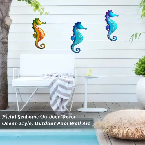 Vista 2 de POXOH - Juego de 3 decoraciones de pared de caballito de mar de metal, temática costera del océano de vida marina para interiores y exteriores, arte