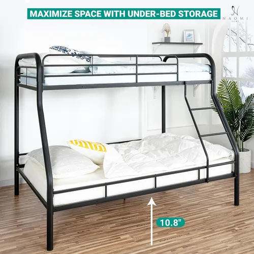 Vista 5 de Naomi Home Litera de metal individual sobre tamaño matrimonial con barandillas de seguridad, capacidad de 800 libras, escalera en ángulo, Negro