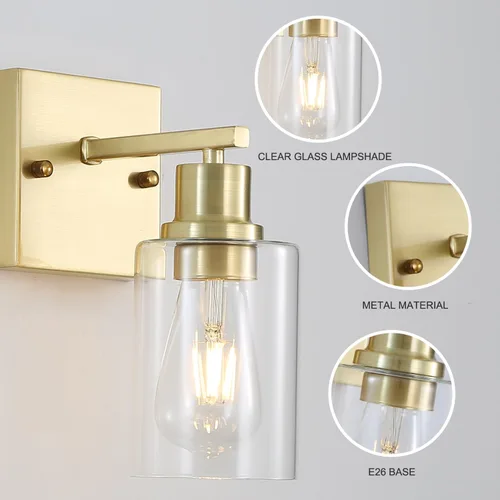 Vista 2 de Paquete de 2 lámparas de pared para sala de estar, luces de tocador de oro cepillado con pantalla de cristal, apliques de pared modernos de granja