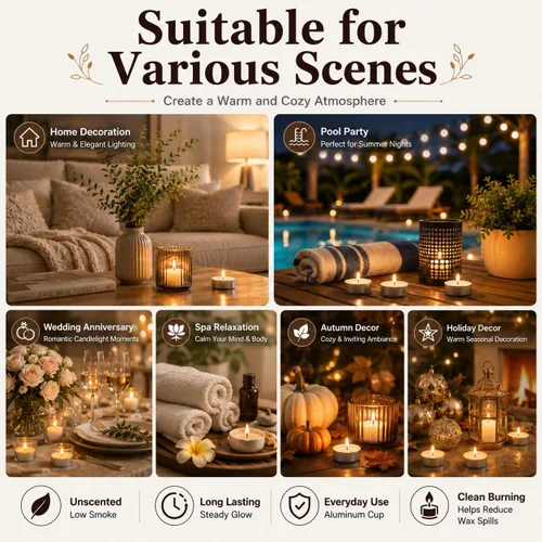 Vista 9 de Tealight Candles - Velas de té sin perfume, mini velas votivas con mecha de algodón para decorar el hogar, piscina, shabat, boda, emergencias, Blanco