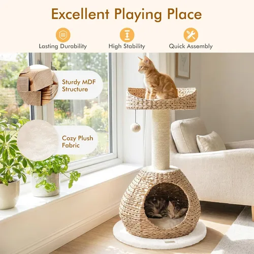 Vista 7 de PETSITE Árbol para gatos moderno de 28 pulgadas, poste rascador de sisal de sisal de torre para gatos, hecho a mano y percha superior, bola colgante