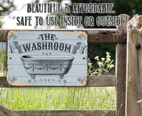 Vista 4 de Letrero de metal – The Washroom – Letrero de metal duradero – Uso en interiores y exteriores – Gran decoración de baño y regalo de menos de $20