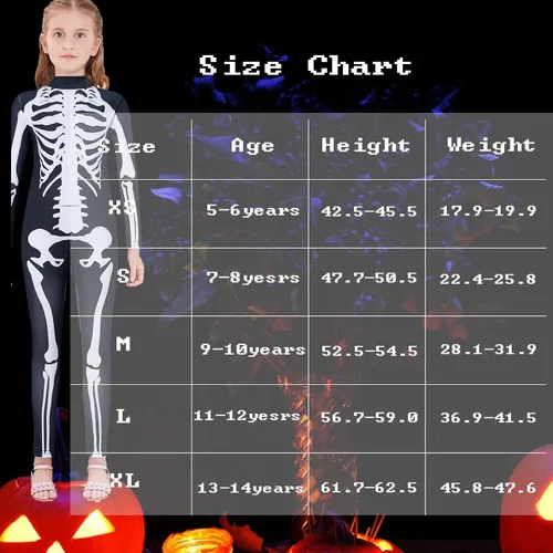 Vista 6 de RAISEVERN Body de esqueleto para niños, overol de huesos zombi de Halloween, disfraz divertido de calavera aterradora (5-14T)