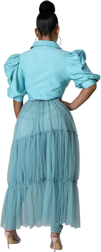 Vista 3 de Yanfoam Blusa de manga corta para mujer, vestido largo de malla transparente