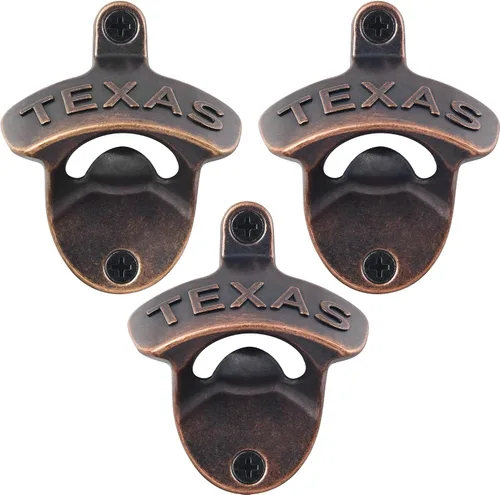 Vista 11 de Abrebotellas de bronce antiguo montado en la pared TEXAS A prueba de óxido, acabado vintage, atornillado en madera para mesa de pared, valla