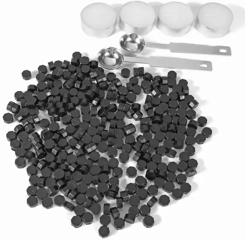 Vista 2 de Yoption - Juego de 300 cuentas de cera octágona, con 2 cucharas de fusión y 4 velas para sobres de invitación de boda, envoltura de regalo (negro)