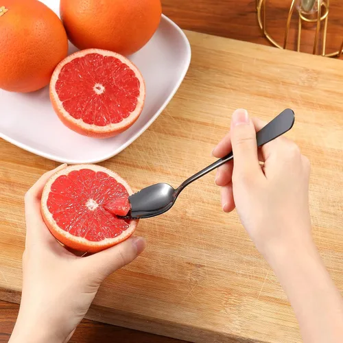 Vista 2 de 5 piezas de cucharas para pomelo, juego de utensilios de cuchara para pomelo de acero inoxidable, borde dentado y mango de calibre grueso