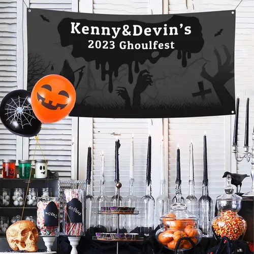 Vista 16 de Cartel personalizado de Feliz Halloween para fiesta, añade tu texto en la pancarta, decoraciones de Halloween personalizadas para interiores