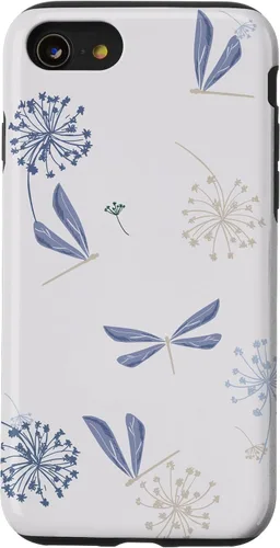 Vista 18 de Bonita funda para iPhone 17 con diseño de libélula de diente de león azul lavanda beige