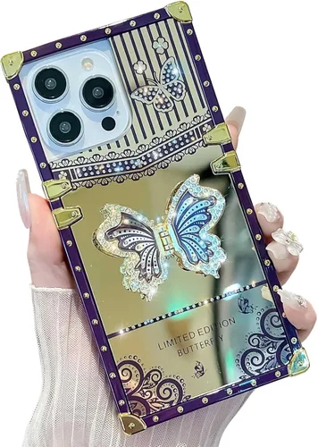 Vista 11 de Funda Rectangular de Lujo Femenina Compatible con iPhone 16 Pro Max Diseñada con Soporte de Anillo de Diamante con Función de Atril