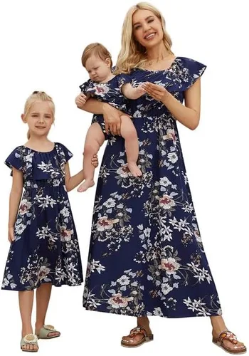 Vista 2 de PopReal - Vestidos con estampado floral a juego para madre e hija, de gasa, con volantes, manga corta, para la playa, con diadema, con tira de tela