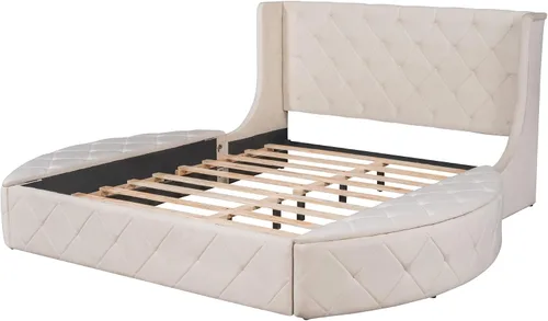 Vista 5 de Elegante cama de plataforma tapizada de terciopelo con 1 cajón grande y 2 taburetes de almacenamiento laterales, base de colchón de plataforma