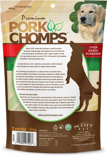 Vista 7 de Pork Chomps Masticables para perros de piel de cerdo horneada, mini nudos de 2.5 pulgadas, tira sabor tocino, 12