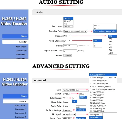 Vista 9 de H.265 H.264 4K HDMI a IP Network Video Coder, 1080P HD Video Audio Codificador Soporta RTSP RTMPS UDP HLS SRT HTTP WebRTC ICECAST, para IPTV