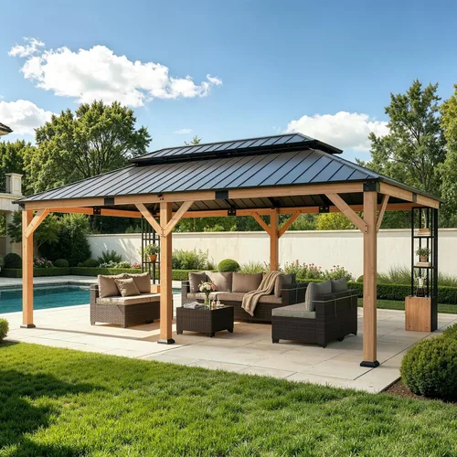 Vista 12 de Gazebo de barbacoa de techo rígido de 8' x 5' para parrilla al aire libre, marco de aluminio resistente y techo de acero galvanizado, ideal para Gris