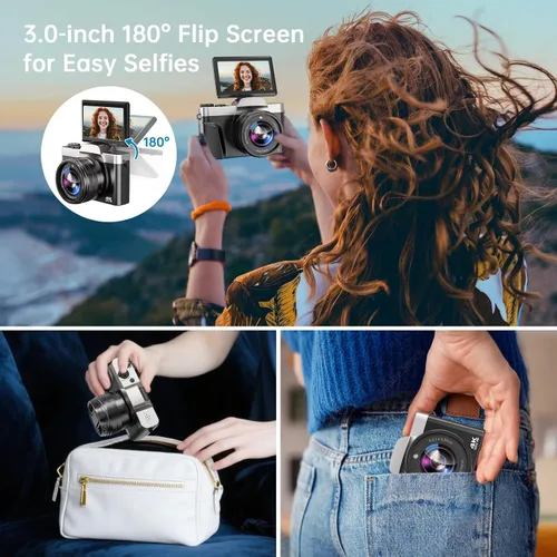 Vista 12 de Cámara digital 4K para fotografía con WiFi 64MP Cámara de vlogging de enfoque automático para video de YouTube de 3 pulgadas, pantalla abatible