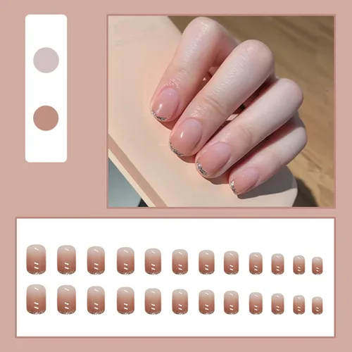 Vista 2 de Uñas cortas a presión, uñas postizas de punta francesa rosa, cuadradas con diseños de punta de purpurina, uñas cuadradas con pegamento en uñas