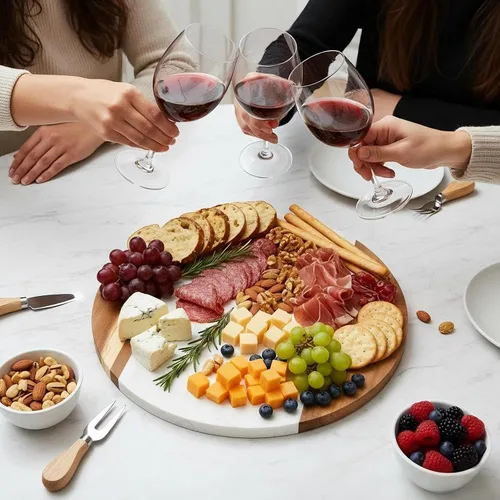 Vista 6 de Okllen Tabla de queso de mármol de 12 pulgadas y tabla de servir de madera de acacia, bandeja redonda de mármol hecha a mano para queso, embutidos