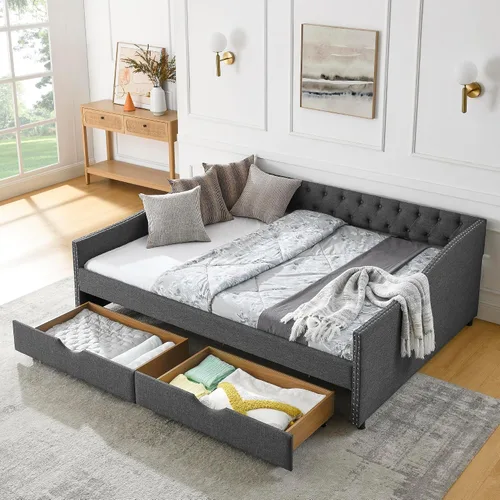 Vista 10 de Linuque - Sofá cama tapizado de tamaño matrimonial con 2 cajones de almacenamiento, marco de sofá cama de madera maciza con respaldo copetudo