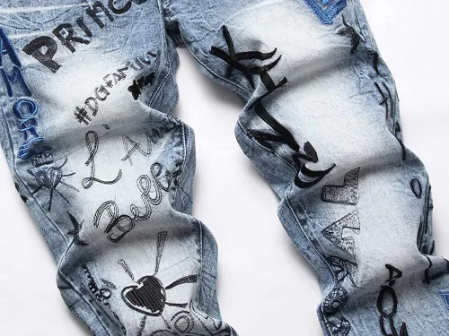Vista 5 de Vaqueros de lujo con letra del rey príncipe bordados Straigt Slim Fit