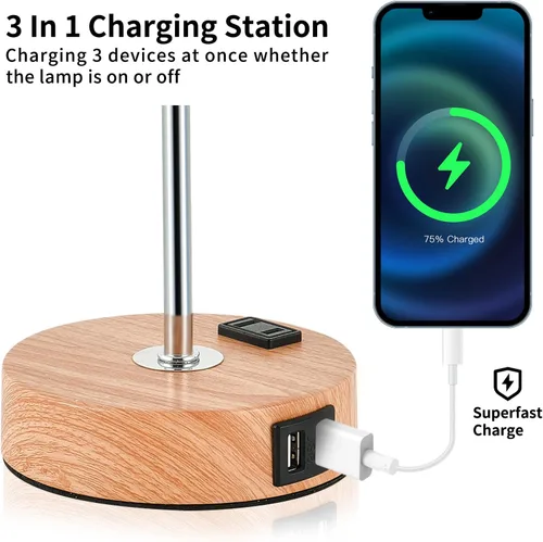 Vista 3 de Lámpara de mesa táctil de flores, lámparas de noche regulables de 3 vías con puerto USB y tomacorriente, bonita lámpara con base de grano de madera