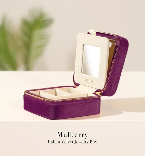 Vista 2 de BLUTETE Joyero de viaje organizador de terciopelo con espejo, anillos, aretes, collares, caja organizadora de almacenamiento (Mulberry)