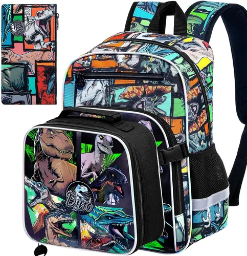 Vista 23 de CCJPX 3Pcs Backpack for Boys, 16 Inch Preschool Elementary Kindergarten School Backpacks and Lunch Box Aa1-dinosaurio Negro