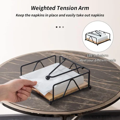 Vista 2 de Servilletero cuadrado – Dispensador de servilletas de mesa duradero con brazo pesado, almacenamiento de servilletas de metal con base de madera