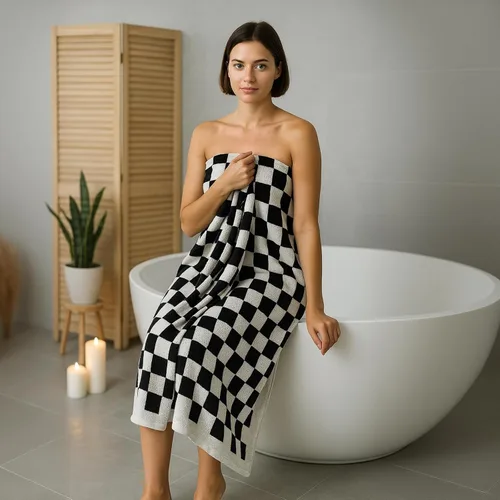 Vista 5 de REDKISS Juego de 2 toallas de baño a cuadros en blanco y negro, 2 toallas de ducha grandes para decoración de baño, toallas de baño de algodón
