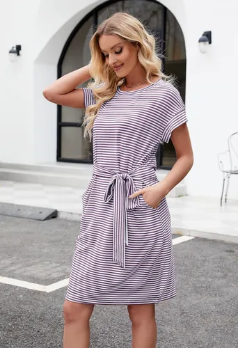 Vista 5 de MEROKEETY - Vestido de verano con manga corta, a rayas, casual, estilo camiseta, con lazo en la cintura y bolsillos, para mujer
