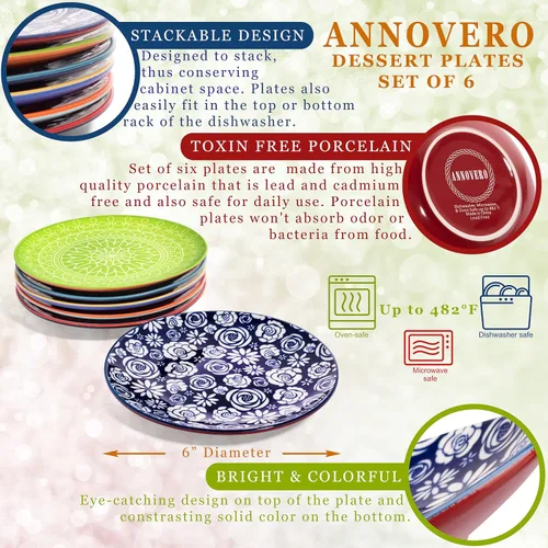 Vista 6 de Annovero Cuencos de postre, platos de postre Platos de cocina Apto para horno microondas Vajilla de porcelana colorida