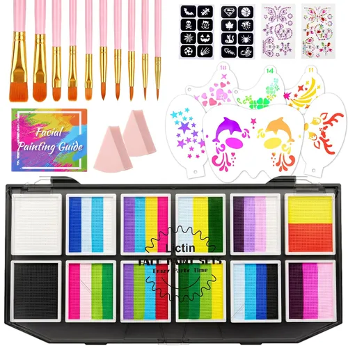 Vista 10 de Lictin Pintura Facial a Base de Agua - Kit de Pintura Facial de 18 Colores con Plantillas y Brochas, Kit de Maquillaje de Halloween para Adultos