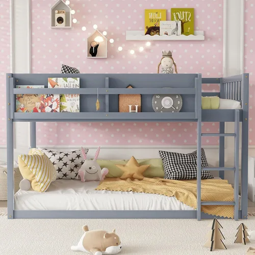 Vista 3 de Harper & Bright Designs Litera baja de madera maciza individual sobre individual para niños y jóvenes, marco de litera con barandillas y escalera