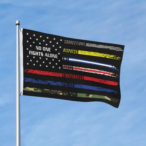 Vista 2 de HUFURI Nadie pelea solo con la bandera estadounidense First Responders Hero Nurse E-M-S Police Fire Military de 3 x 5 pies, doble cara