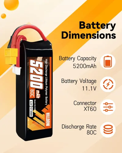 Vista 2 de Hilldow 3S Lipo Batería 80C 11.1V 5200mAh Soft Case RC Lipo Batería con conector XT60 para RC Avión Helicóptero Quadcopter Drone