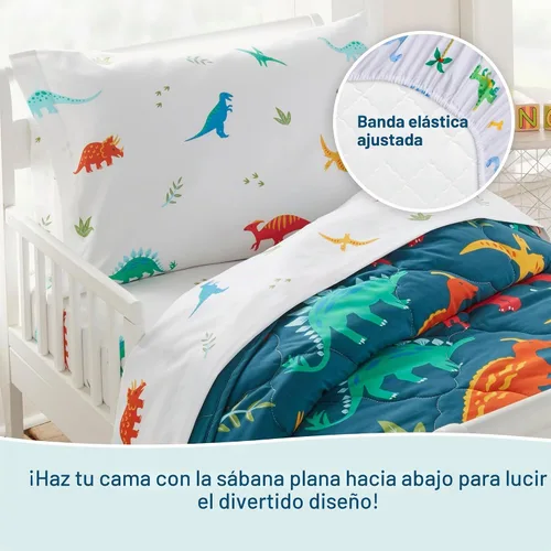 Vista 4 de Wildkin Cama para niños pequeños en una bolsa, juego de ropa de cama de microfibra de 4 piezas con edredón, funda de almohada y sábanas, dinosaurios