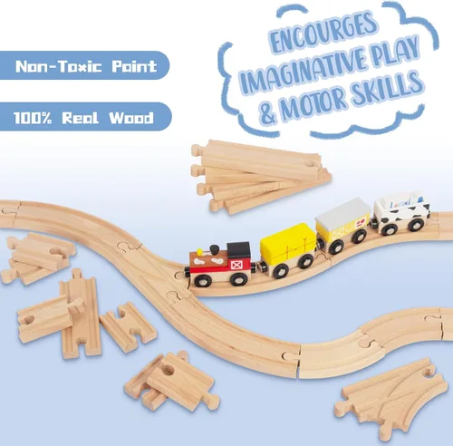 Vista 3 de Juego de 24 pistas de tren de madera, expansión de vías y 9 piezas distintas, 100% compatible con todas las principales marcas, incluido el sistema