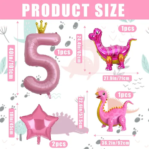 Vista 2 de Globos de dinosaurio rosa, globo de aluminio Mylar con número de cumpleaños para niña, decoraciones de fiesta de 5º cumpleaños