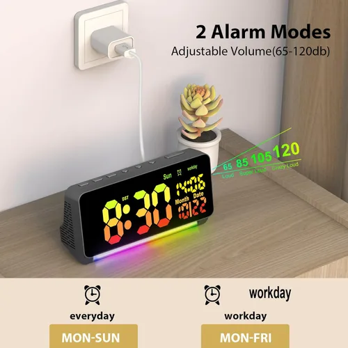 Vista 2 de Reloj despertador súper fuerte de 120 db para adultos que duermen pesadamente, 15 sonidos de despertador para personas que duermen pesadas, luz