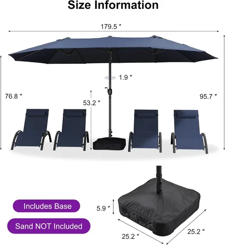 Vista 58 de PURPLE LEAF - Sombrilla de mercado de patio de 13 pies con base rectangular doble cara, sombrilla de mesa para exteriores con manivela, 12 varillas