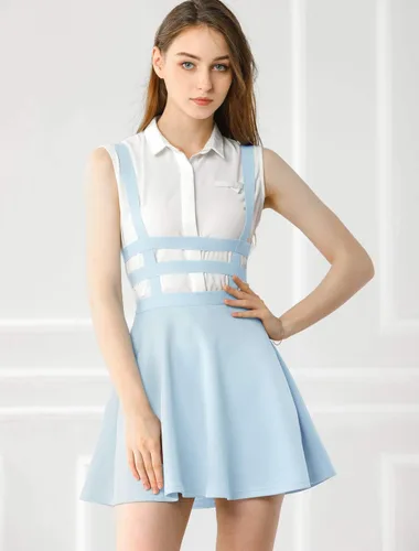 Vista 3 de Allegra K minifalda con tirantes y cintura elástica, corte A, para mujer.