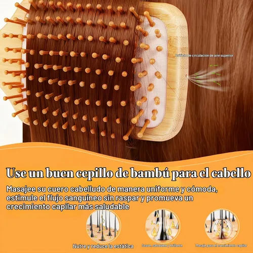 Vista 3 de Sofmild Juego de cepillos de pelo de bambú natural para mujeres, hombres y niños, cepillo desenredante para cabello grueso y rizado y húmedo Negro